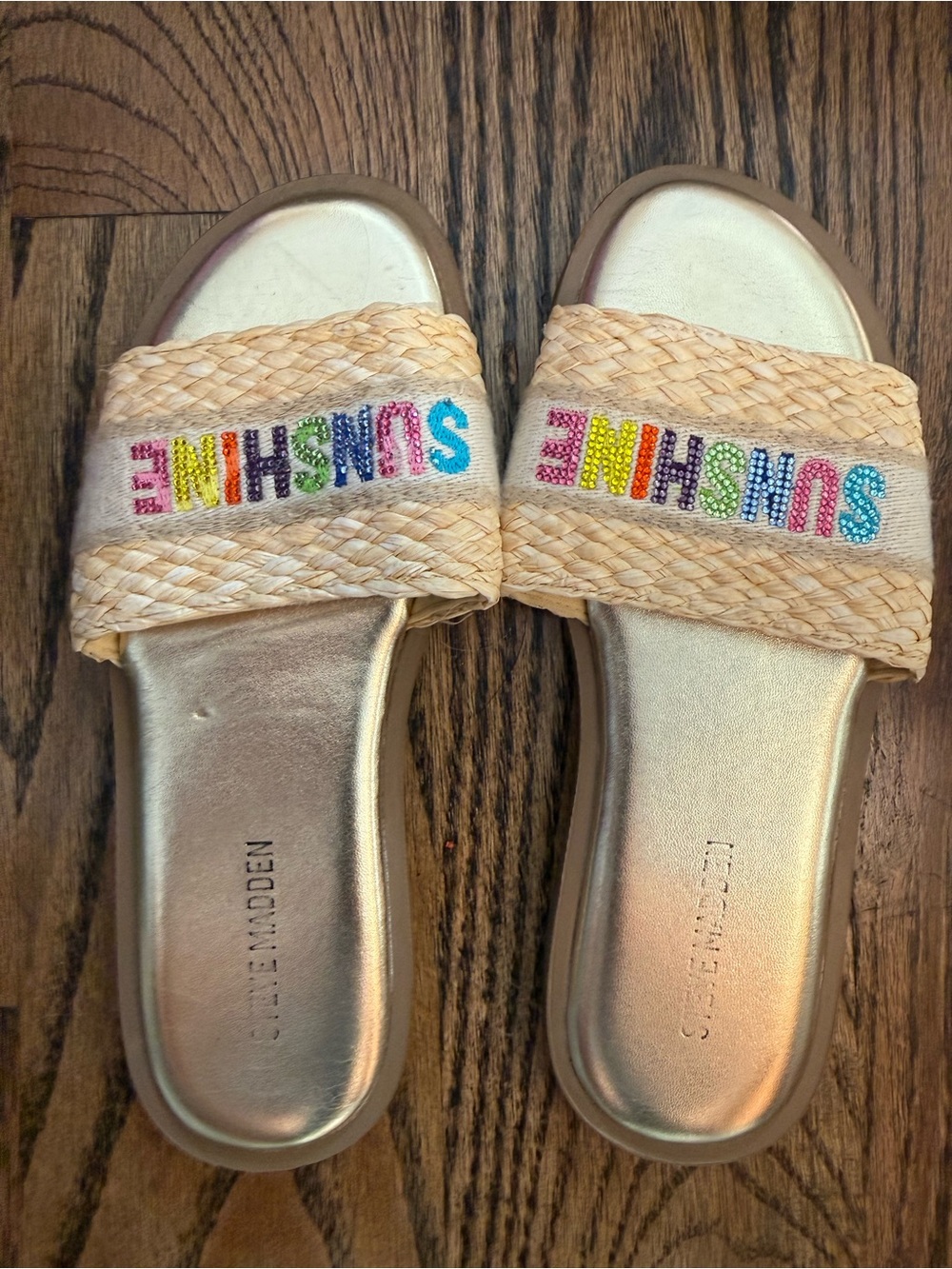 Steve Madden Gold Slide Sandals with Multicolor 'SUNSHINE' Bead Embroidery